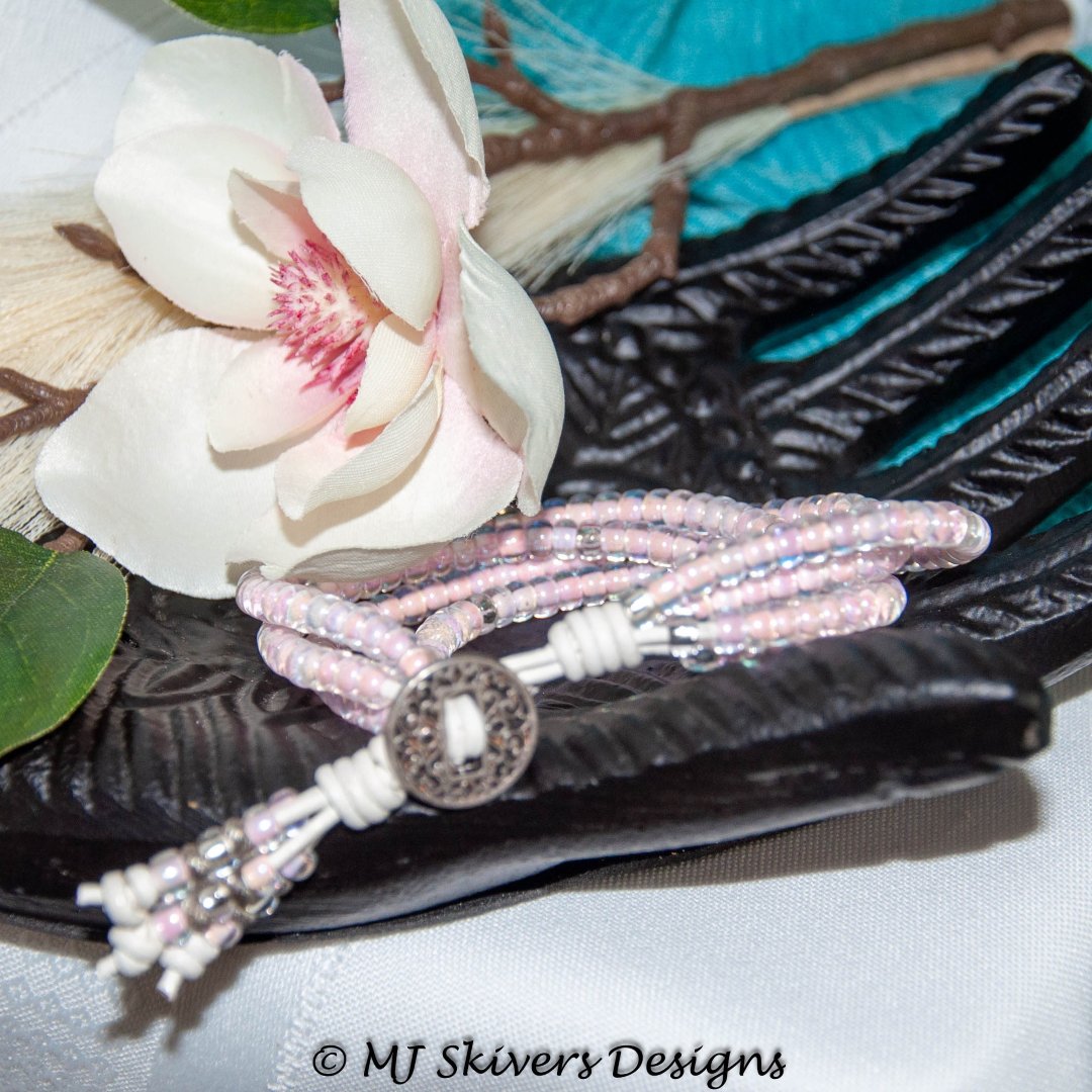 Pink and Silver 6/0 Seed Bead 4-strand Leather Bracelet