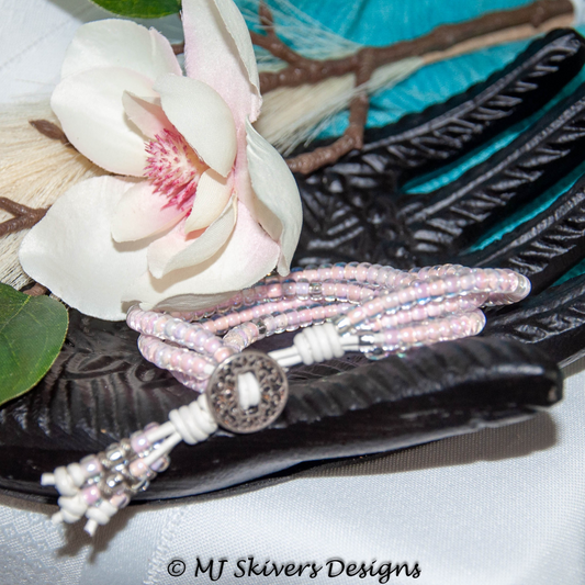 Pink and Silver 6/0 Seed Bead 4-strand Leather Bracelet