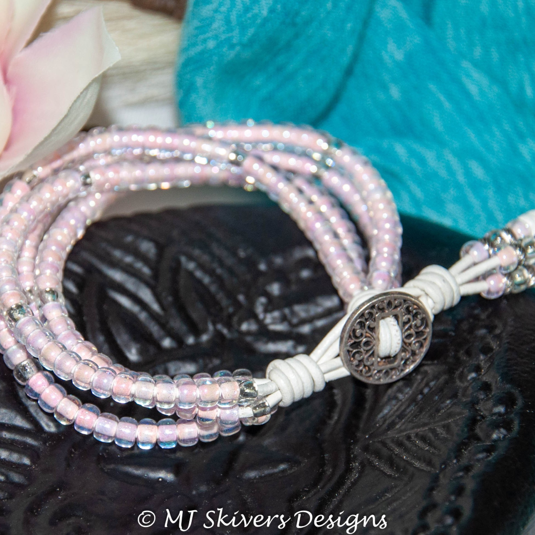 Pink and Silver 6/0 Seed Bead 4-strand Leather Bracelet