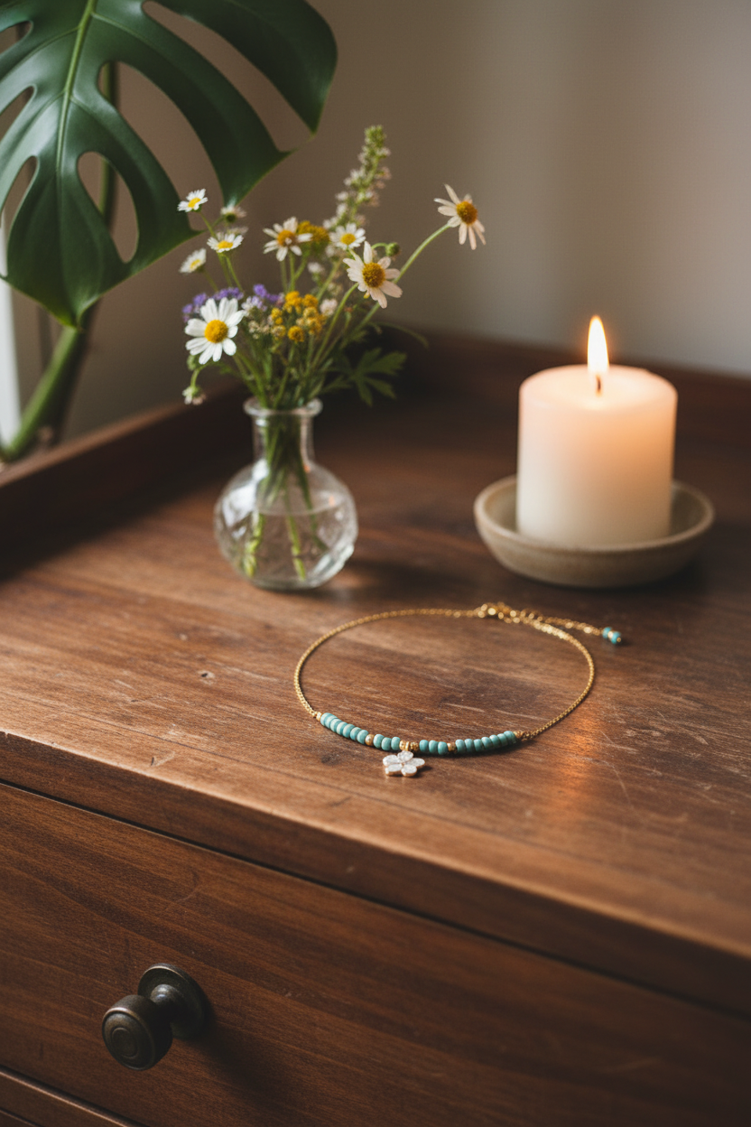 A delicate brass beaded necklace with turquoise blue seed beads and a small white enamel flower charm rests on a rustic wooden table next to a lit white candle and a small glass vase of wildflowers.