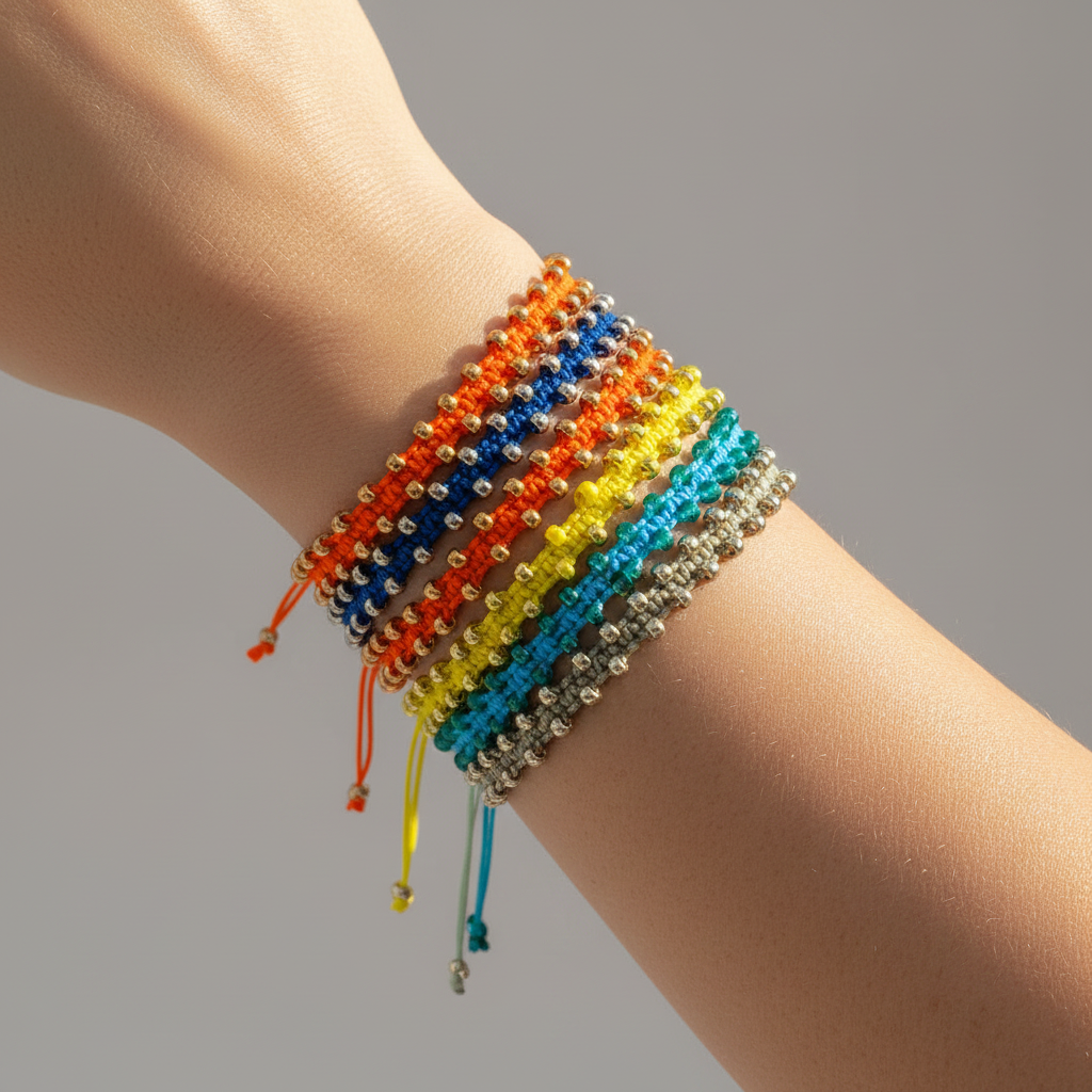A close-up of a person's wrist wearing a stack of five colorful beaded macrame friendship bracelets with silver-toned and gold-toned beads and string, shown against a plain gray background.