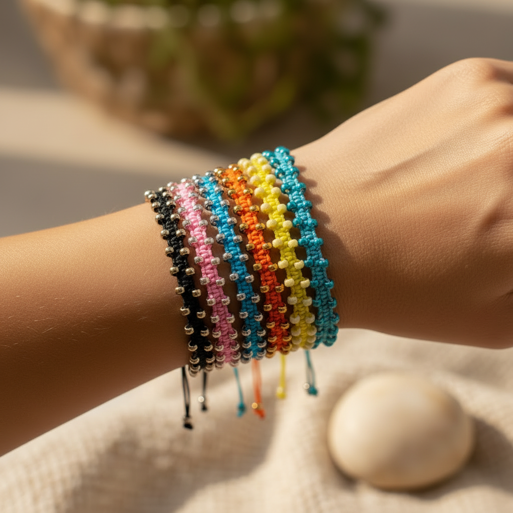 A close-up of a person's wrist wearing a black macrame bracelet with galvanized gold seed beads shown stacked with other colorful handmade macrame bracelets., with a soft-focus background.