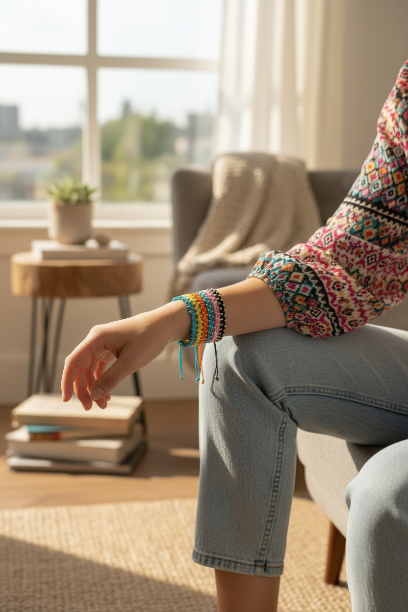 A person seated indoors wearing a black and galvanized gold seed bead bracelet with a stack of the same style bracelet in various colors on one wrist, with light blue jeans and a patterned long-sleeve top in a sunlit living room.