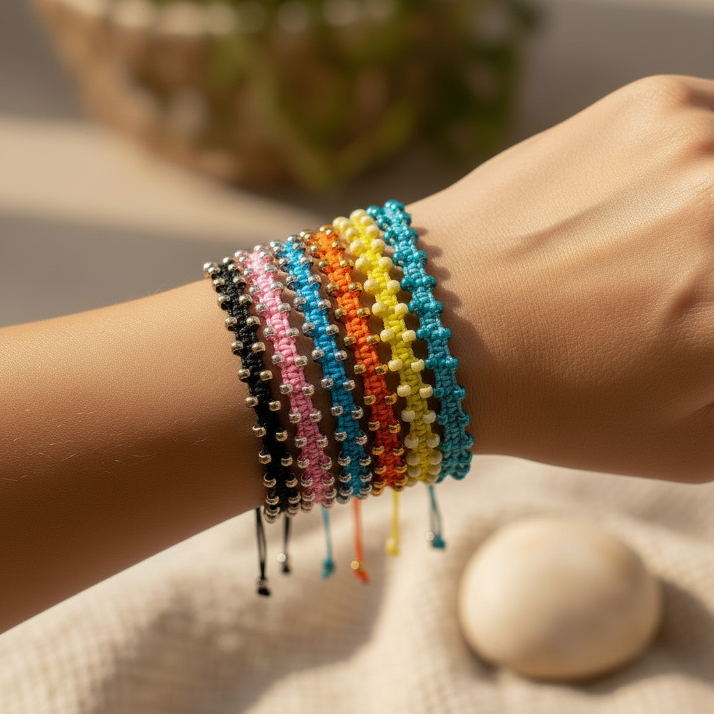 A close-up of a person's wrist wearing a black beaded macrame bracelet with galvanized silver seed beads along with five other colorful beaded bracelets stacked together. 