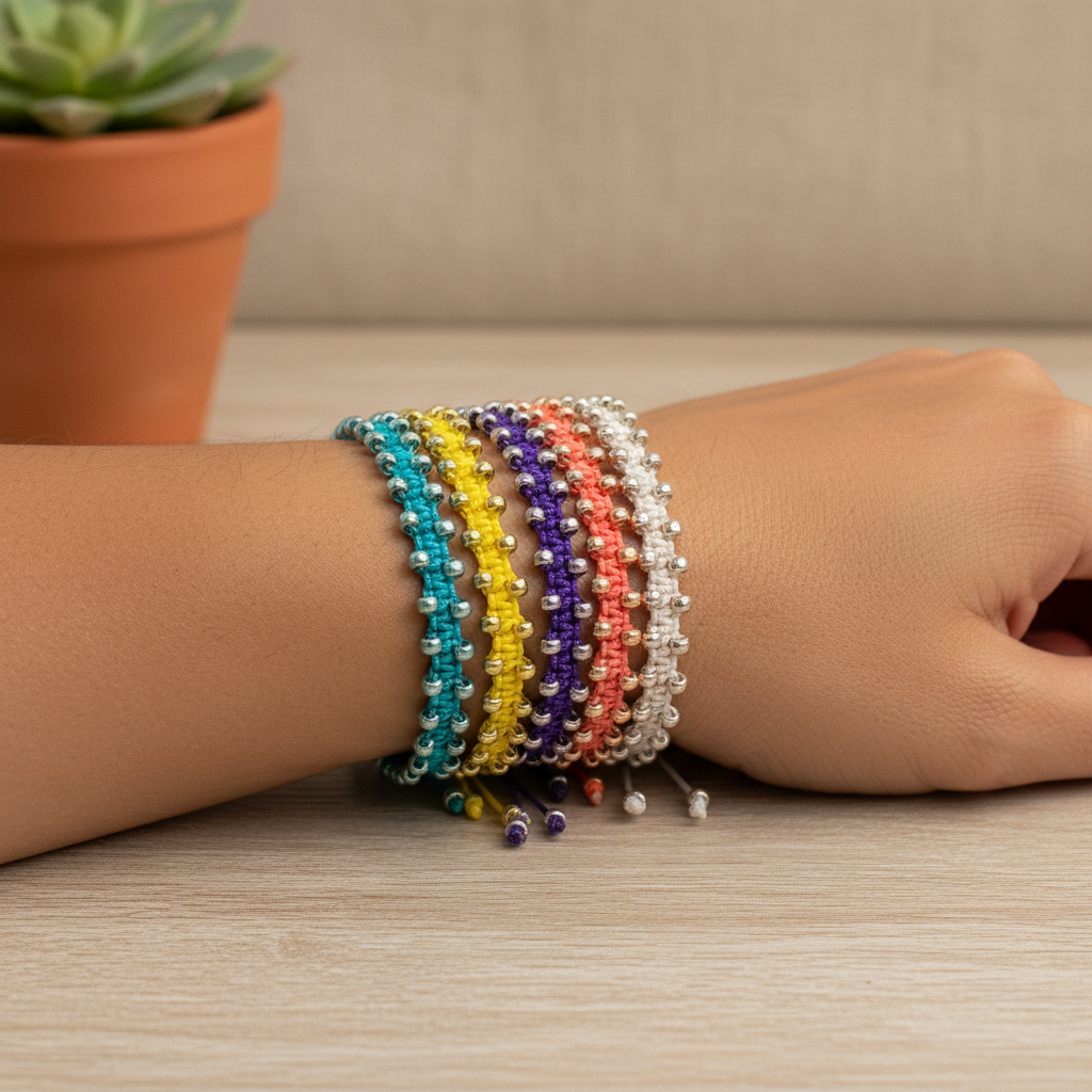 A close-up of a person's wrist wearing a pale yellow macrame bracelet with galvanized silver seed beads and five other colorful beaded bracelets, set against a neutral indoor background with a potted succulent.