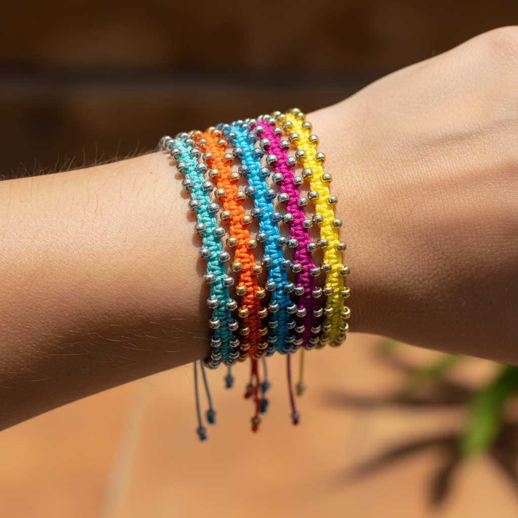 A close-up of a person's wrist wearing a magenta macrame bracelet with galvanized silver seed beads stacked with other colorful handmade macrame bracelets.