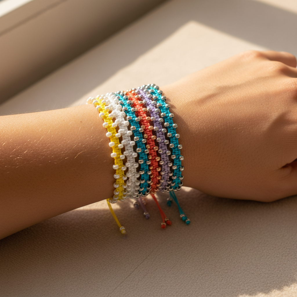 A close-up of a person's wrist wearing a yellow beaded macrame bracelet with pearlescent white seed beads and five other colorful beaded bracelets in yellow, white, silver, red, and teal, resting on a neutral beige surface.