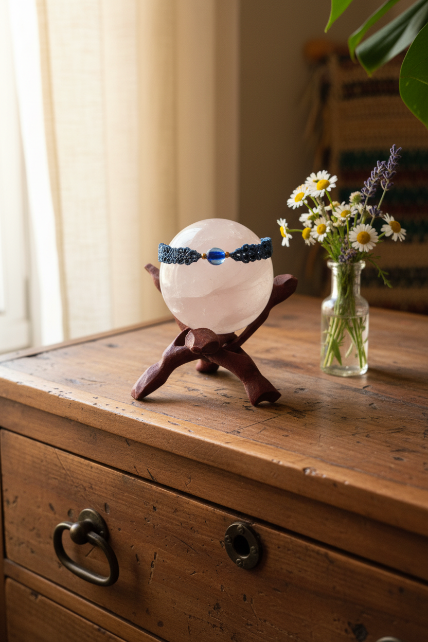 A clear crystal ball resting on a dark wooden stand, wrapped with a medium blue macrame bracelet with a center aqua blue glass disc bead and brass bead accents, placed on a rustic wooden chest next to a small glass vase of daisies and lavender.