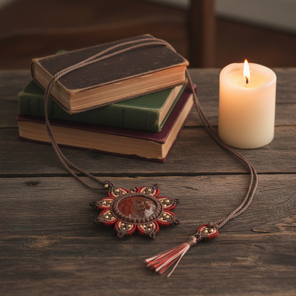 A bohemian-style macrame sunflower mandala medallion pendant necklace with a Carnelian Agate (warm amber/cognacstone) and tassel, displayed on a rustic wooden table next to a burning candle and old books.