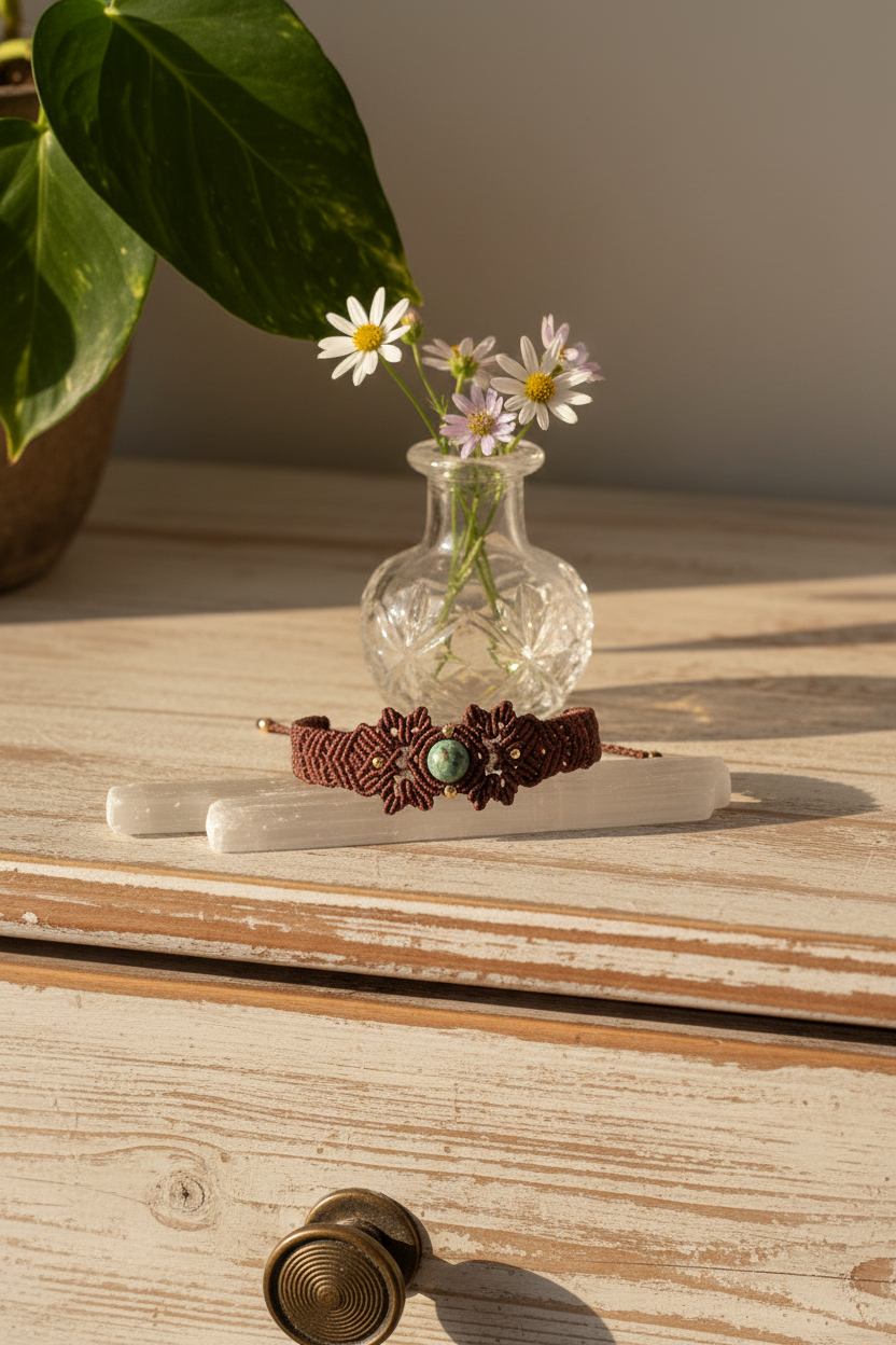 A brown macrame bracelet with a central Indian Agate green stone with  brass bead accents is displayed on a white block on a rustic wooden table, with a small glass vase of daisies and a plant leaf in the background.