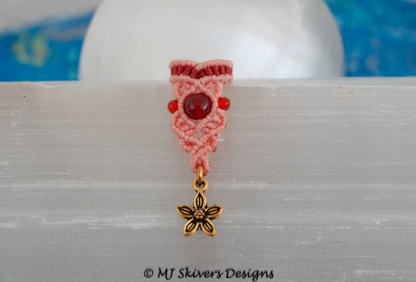 Macrame Dreadlock Bead - Two-tone Coral with Carnelian Bead