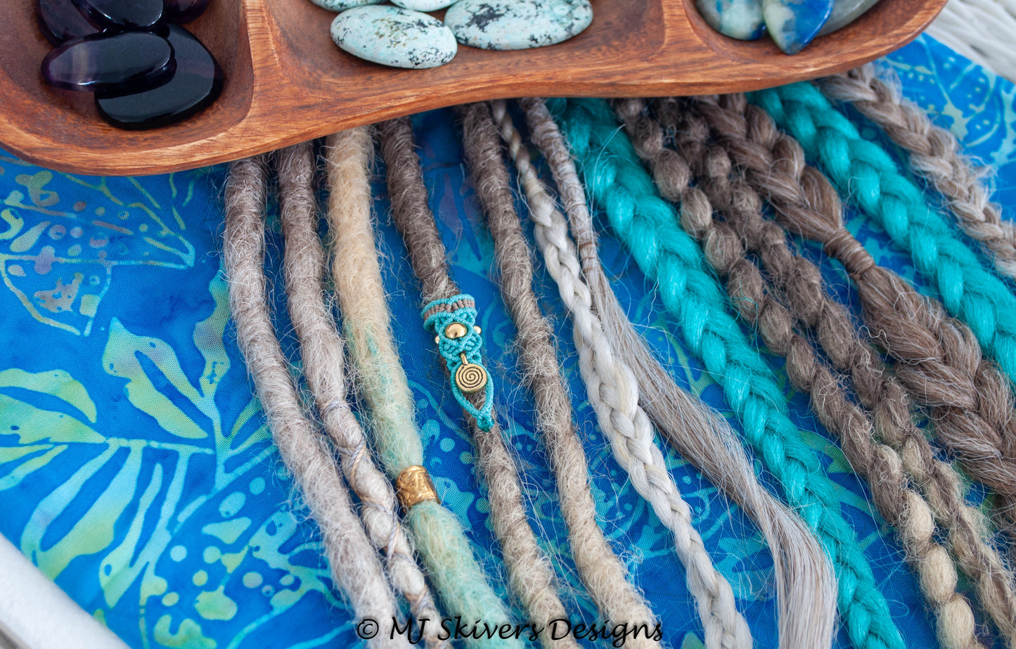 Macrame Dreadlock Bead - Teal with Brass Beads and Spiral Charm