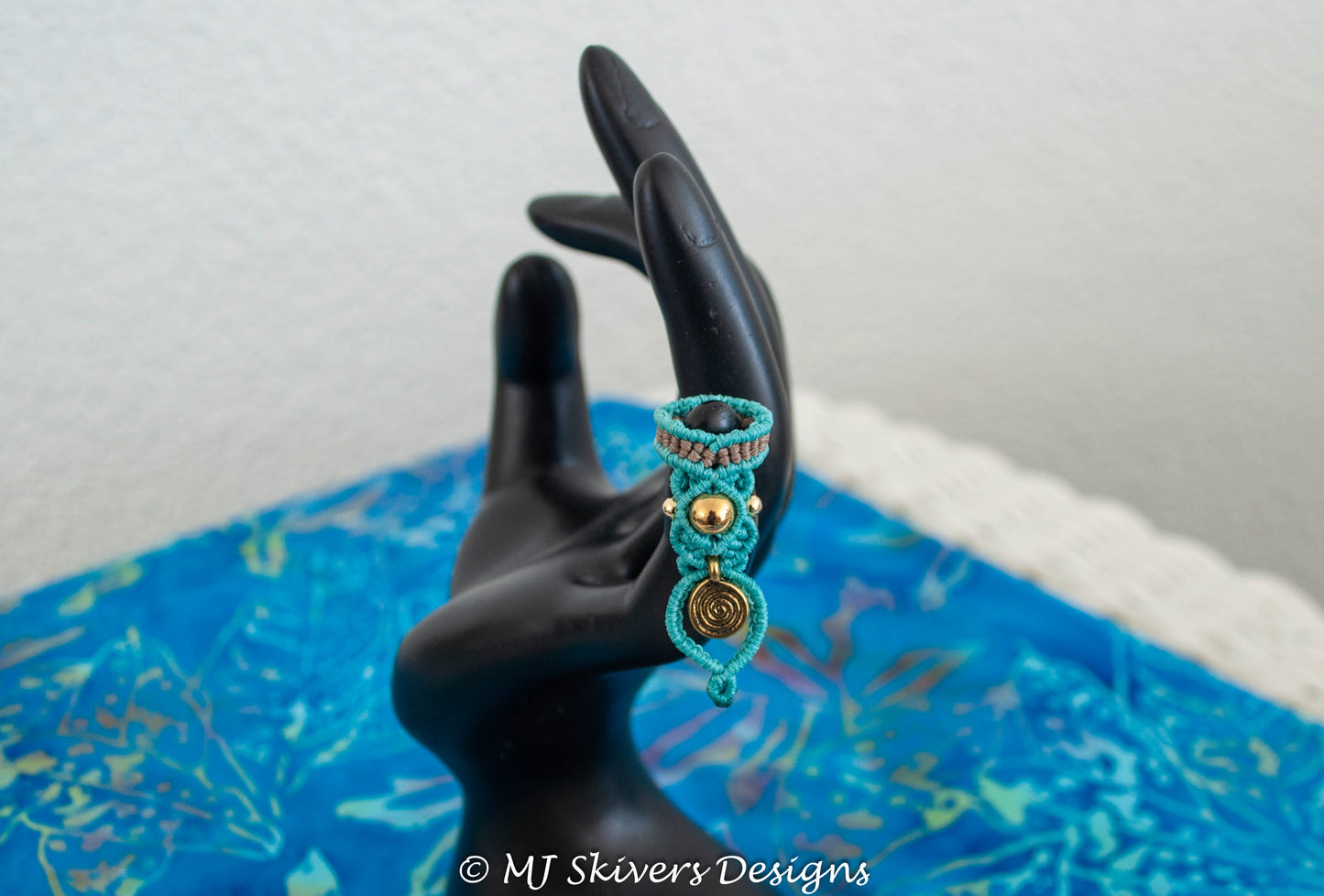 Macrame Dreadlock Bead - Teal with Brass Beads and Spiral Charm
