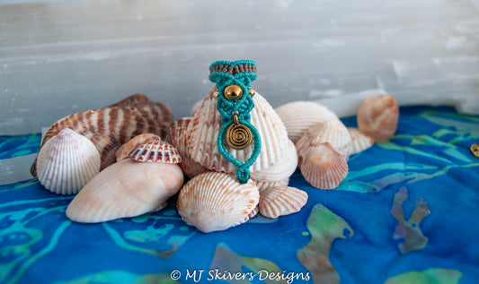 Macrame Dreadlock Bead - Teal with Brass Beads and Spiral Charm