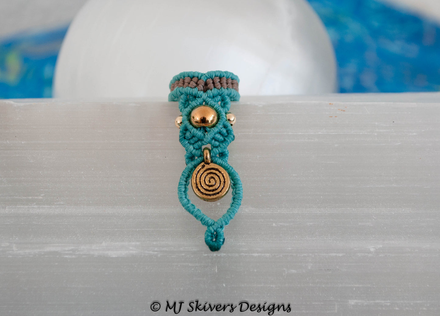 Macrame Dreadlock Bead - Teal with Brass Beads and Spiral Charm