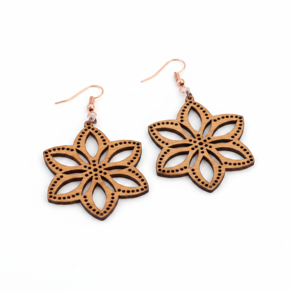 Handmade balsa wood flower earrings with an open petal silhouette, dotted border detail, frosted peach seed beads, and copper fish hook wires, displayed on a clean white background.