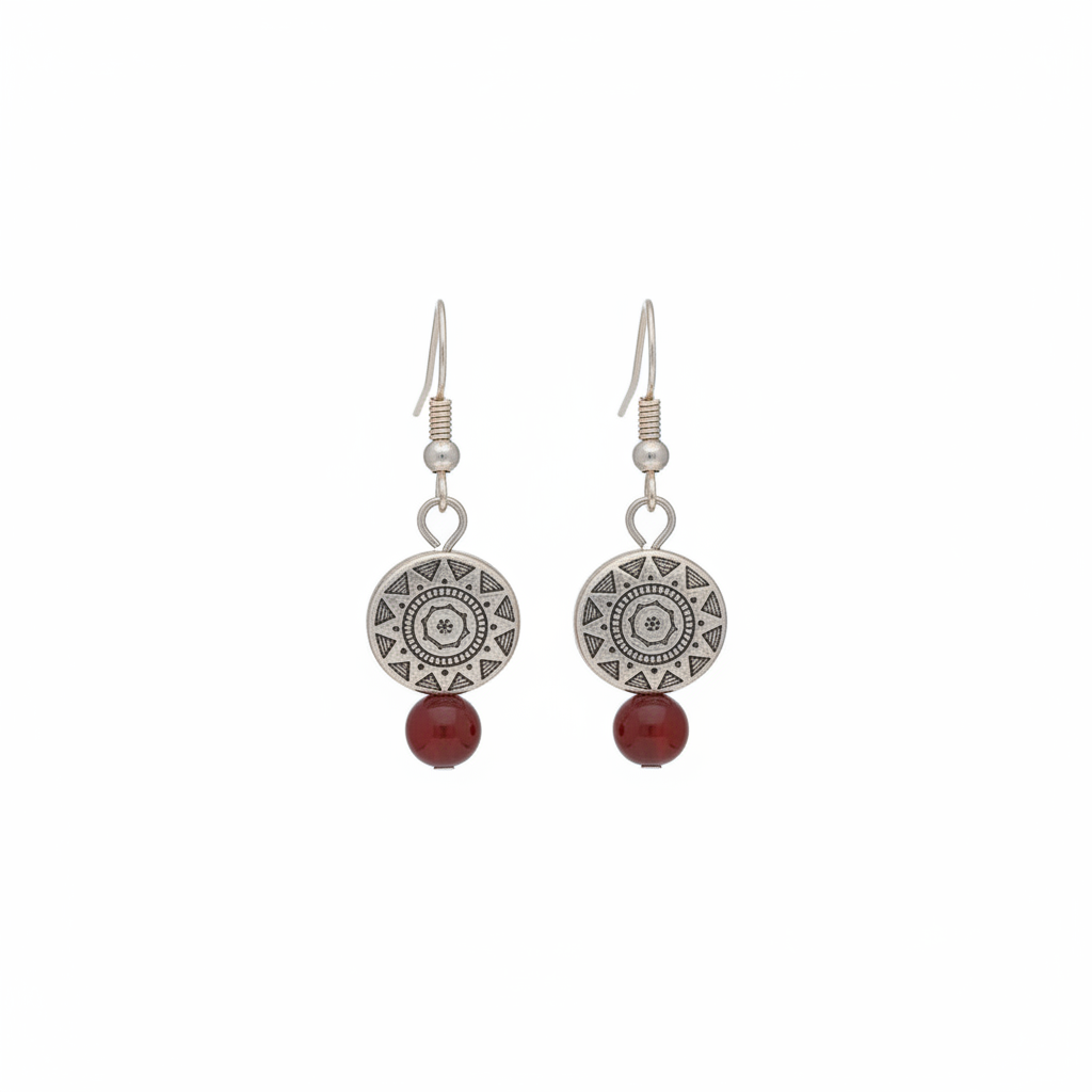 Beaded Drop Earrings - Carnelian Gemstone with Aztec Pewter Disc