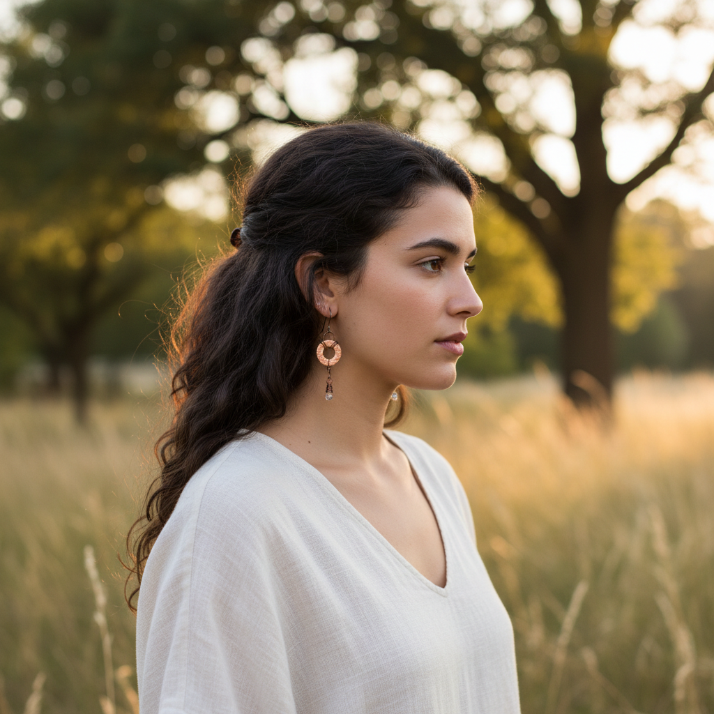 A woman in a white V-neck top stands in a sunlit grassy field with trees in the background, wearing a handcrafted copper washer drop earring with a wire wrapped bead.
