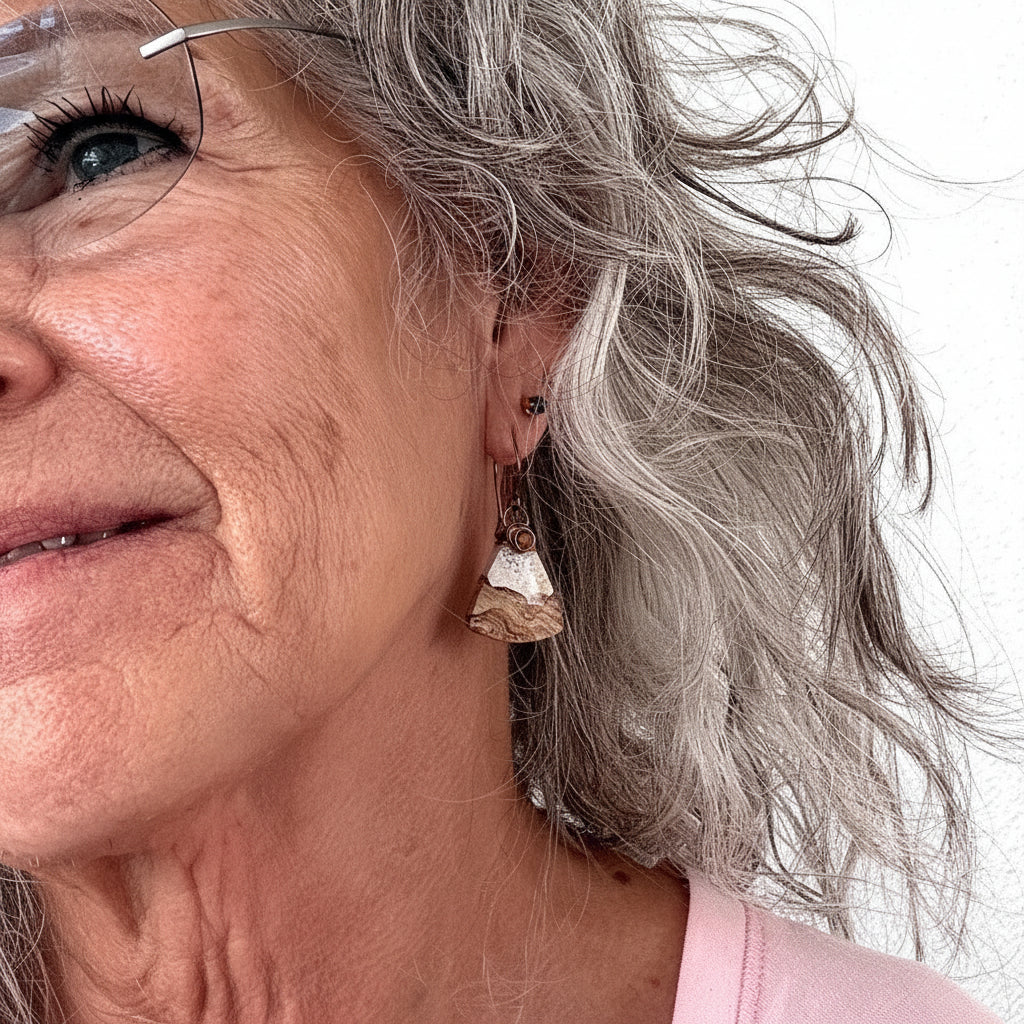 Handmade petrified wood fan-shaped drop earring with iridescent orange crystal bead and antique copper wire wrap bail, shown worn on model with silver curly hair and wire-rimmed glasses, pink top.