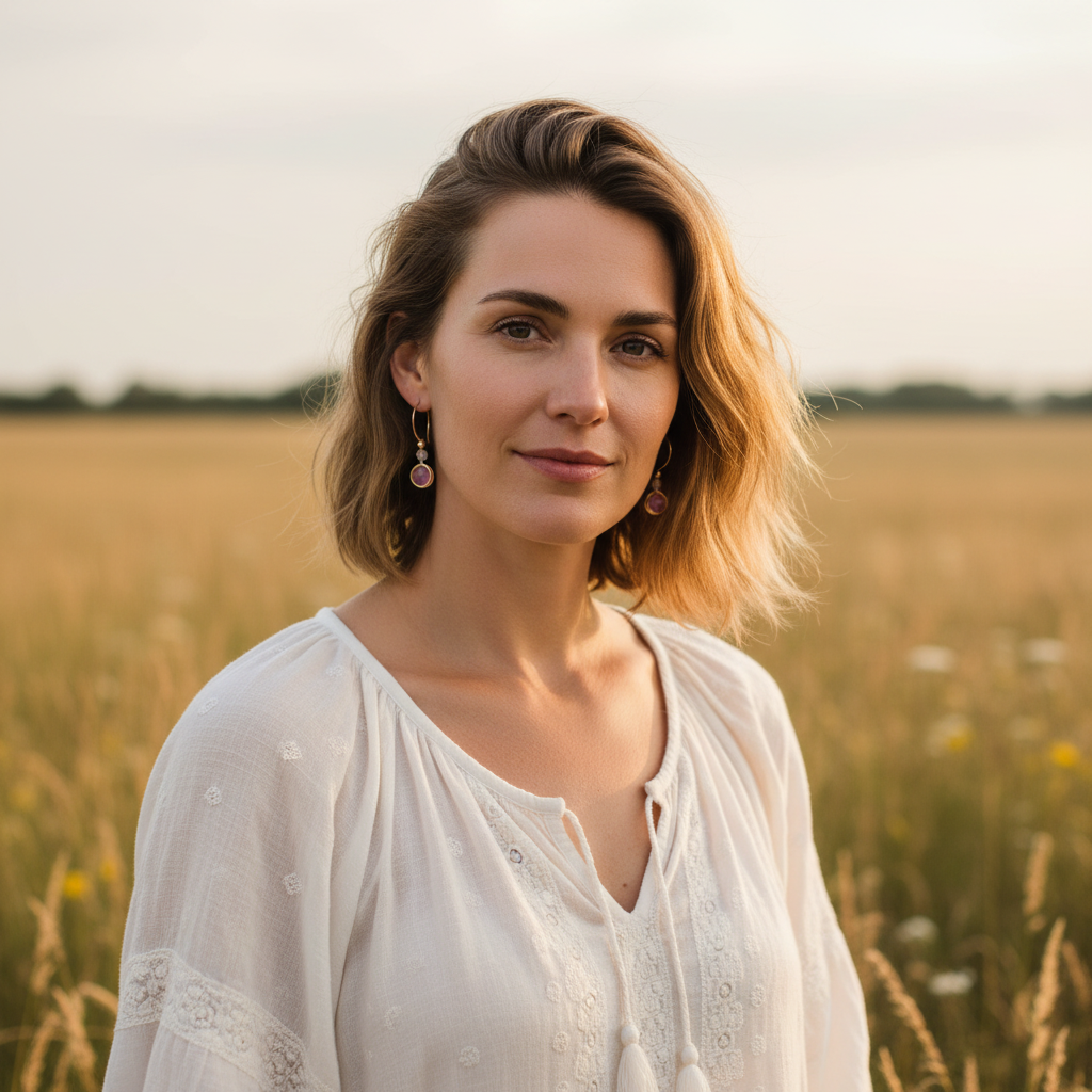 A woman with shoulder-length blonde hair stands in a sunlit field wearing a loose white embroidered blouse and brass dangling earrings with vivid fuchsia round glass beads and small white agate faceted beads.