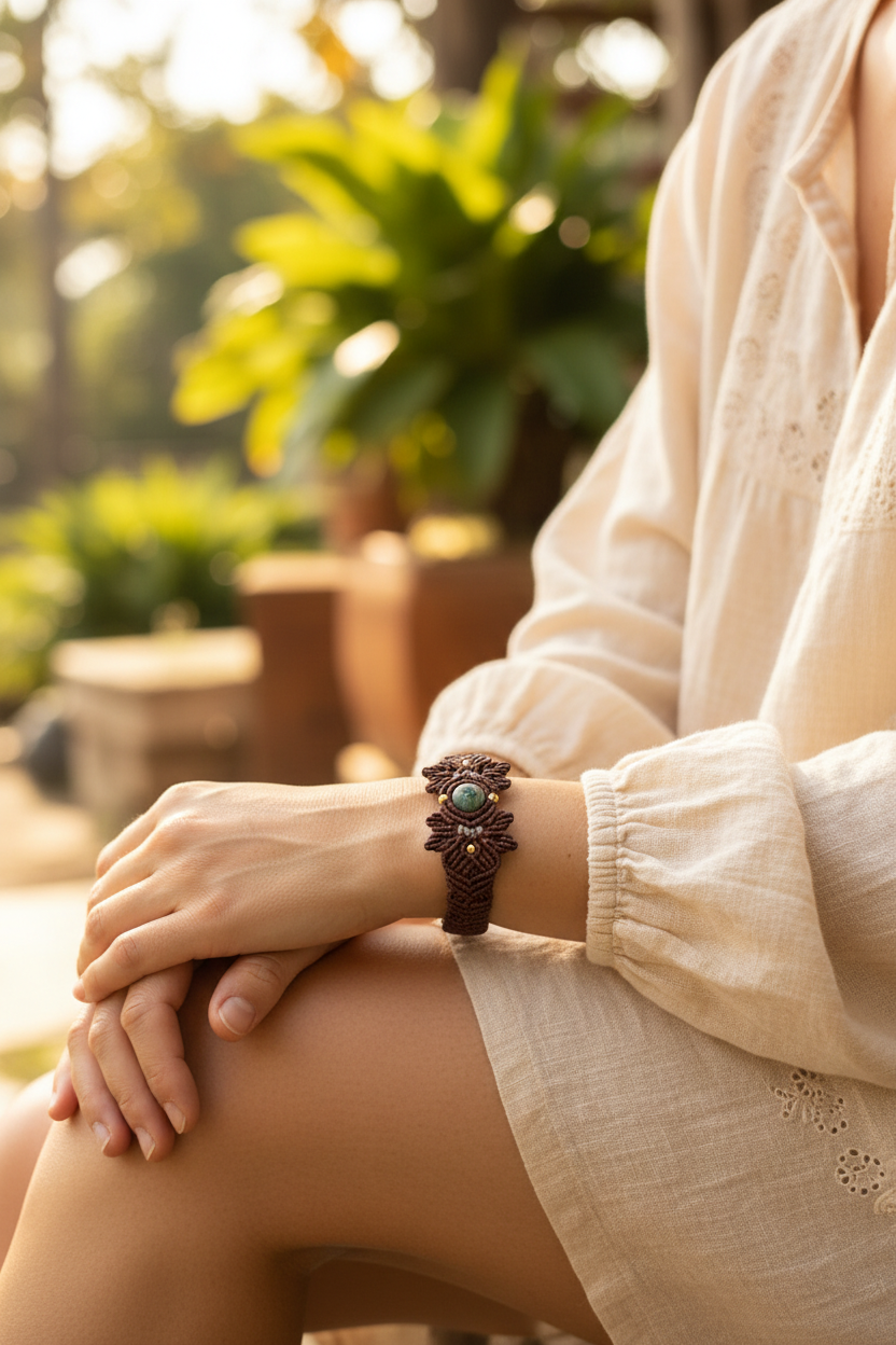 A close-up lifestyle shot of a person wearing a dark brown macrame bracelet with a central Indian Agate green  stone and small brass beed accents, set against a warm, sunlit outdoor background with green plants.