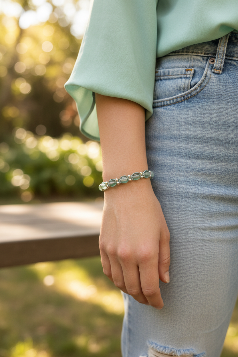 A close-up lifestyle shot of a person wearing a sage green beaded macrame bracelet on their wrist, paired with a mint green top and light-wash distressed jeans, set against a soft-focus outdoor background.
