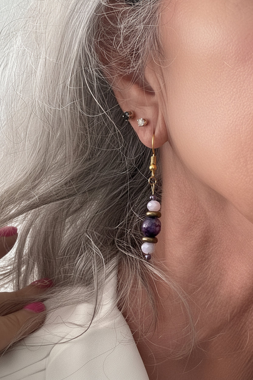 Close-up of a handmade beaded drop earring with an amethyst gemstone bead, bronze disc beads, and iridescent faceted crystals on a gold-tone fish hook wire, worn on a model's ear.