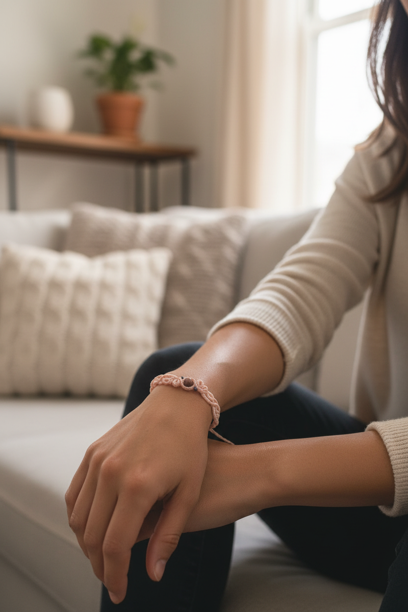 A person seated on a light sofa in a softly lit living room, wearing a light pink macrame bracelet with a small central Rhodonite stone bead.