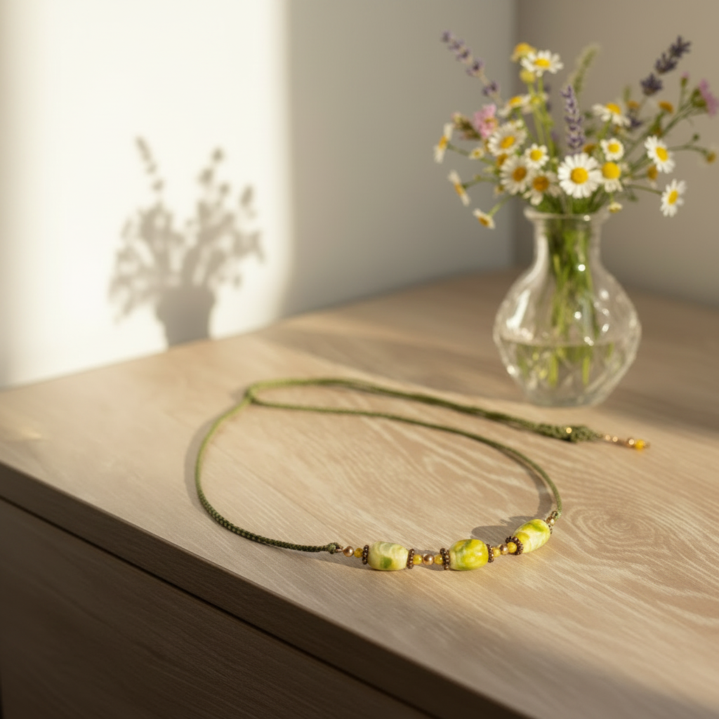 Handcrafted green macrame cord necklace with twisted rectangle chartreuse lampwork glass beads on a brass wire bar, laid on a light wood table in warm sunlight with a glass vase of daisies in the background.