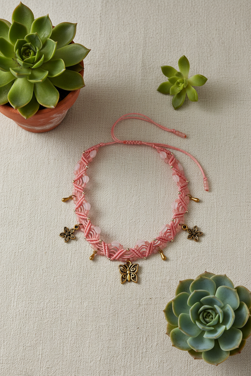 A handmade light coral macrame anklet with white opal beads and gold-toned butterfly, flower, and water drop charms, laid flat in a circle on cream linen fabric surrounded by three green succulents in terracotta pots.