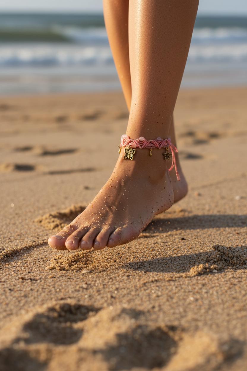 A close-up of a person's bare foot and ankle on a sandy beach, wearing a coral macrame anklet with small gold-toned charms.