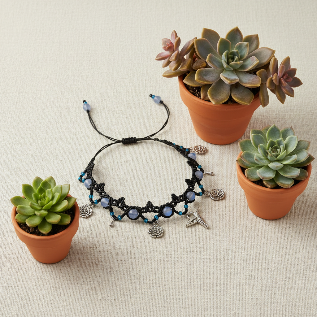 A black beaded macrame anklet with frosted iridescent blue mermaid glass beads and silver-tone charms arranged on a textured cream fabric background, styled with three small potted succulent plants.