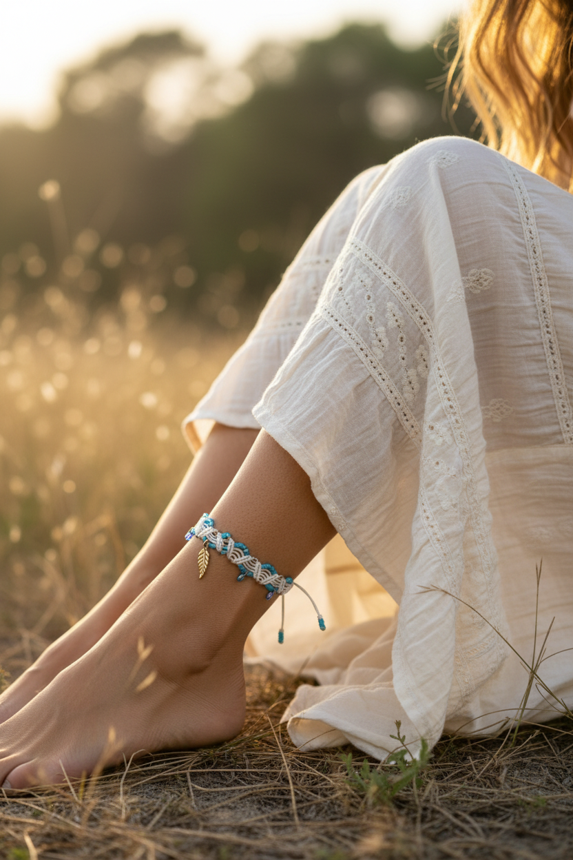 A dreamy golden hour lifestyle shot of a woman sitting barefoot in a sunlit field wearing a white eyelet linen dress and a handmade ivory macrame anklet with turquoise beads, iridescent blue water drop beads, and a gold-tone leaf charm, with warm bokeh grasses in the background.