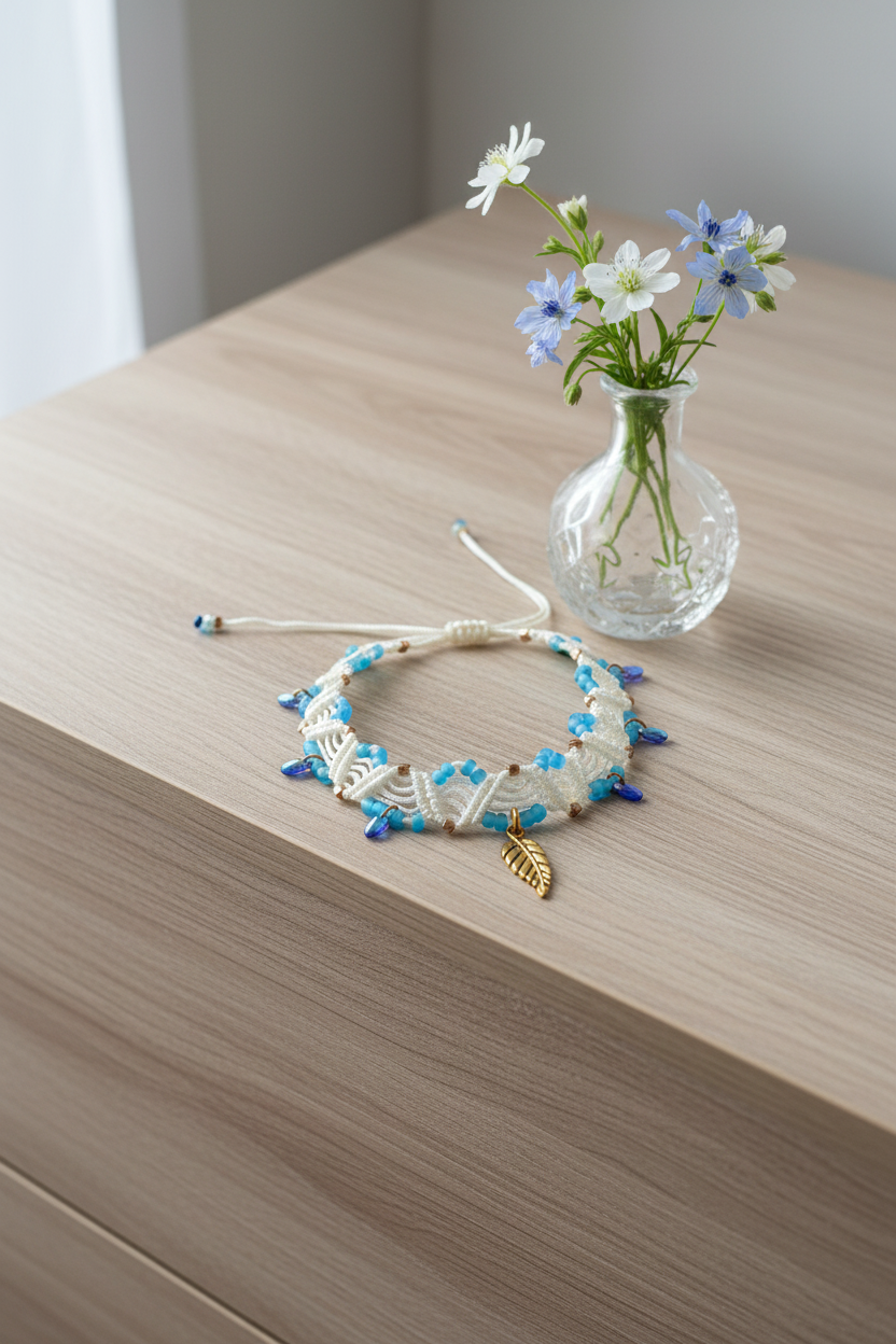 A handmade ivory macrame anklet with turquoise seed beads, iridescent blue Czech glass water drop beads, and a gold-tone leaf charm, laid flat on a light wood surface next to a small glass vase of blue and white wildflowers