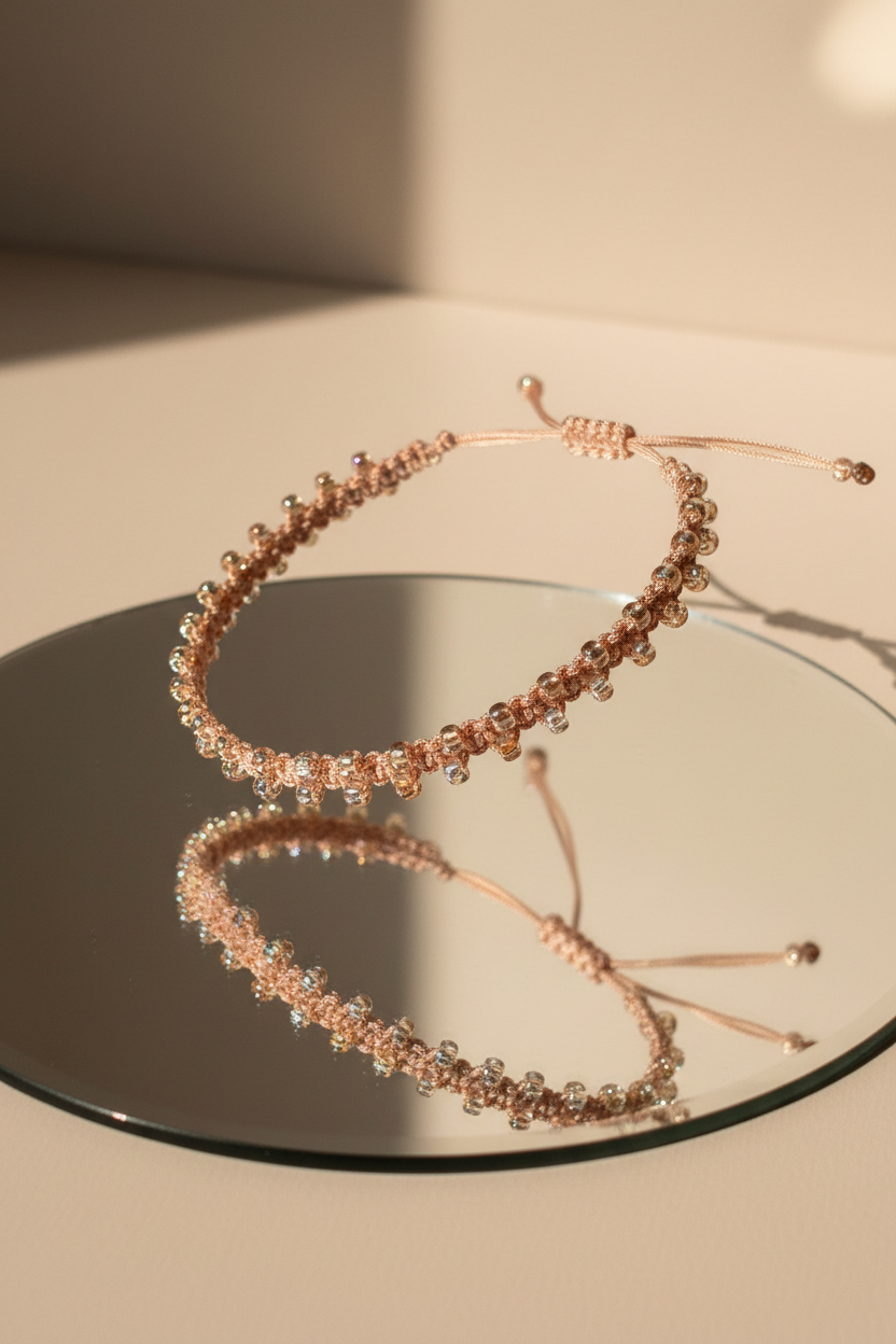 A light peach beaded macrame bracelet with an adjustable sliding knot closure, displayed on a round mirror plate with a warm, sunlit background.