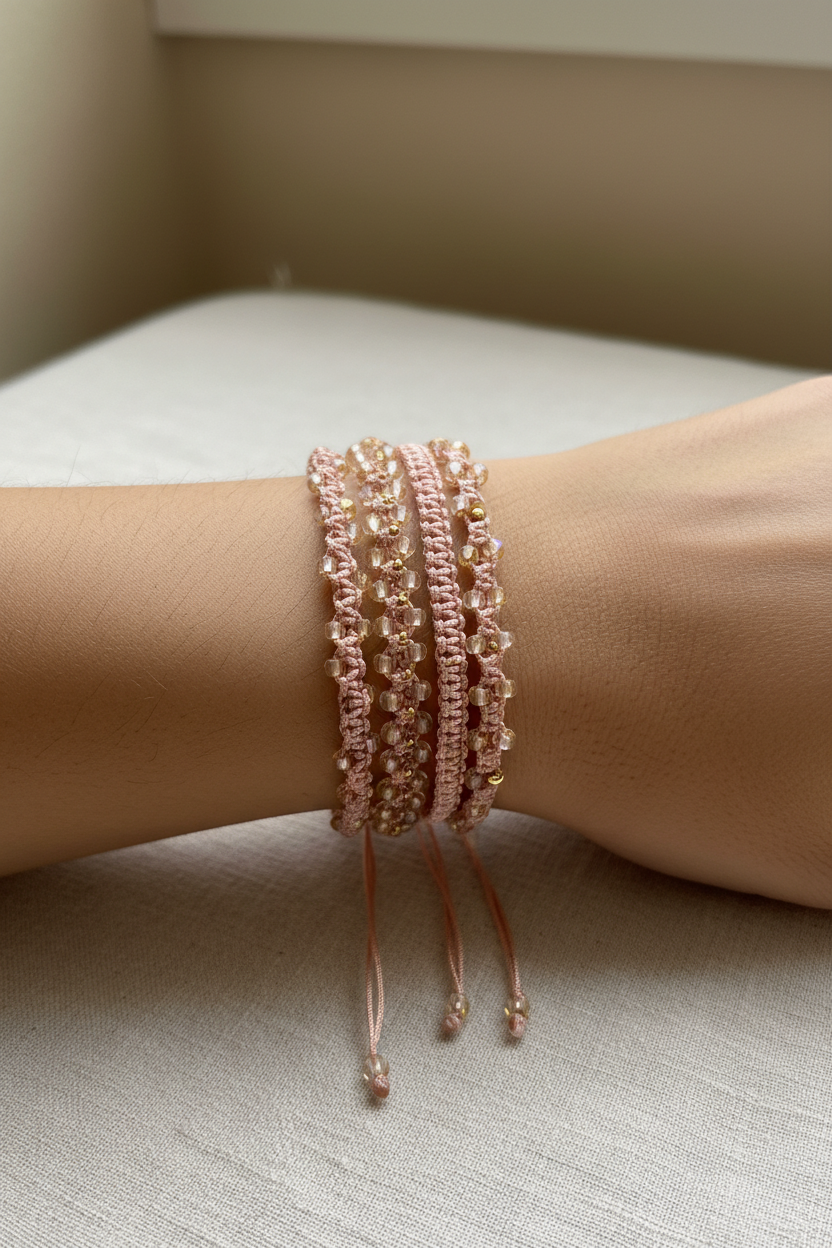 A close-up of a person's wrist wearing multiple delicate light peach beaded macrame bracelets with thin cord ties, resting on a light fabric surface.
