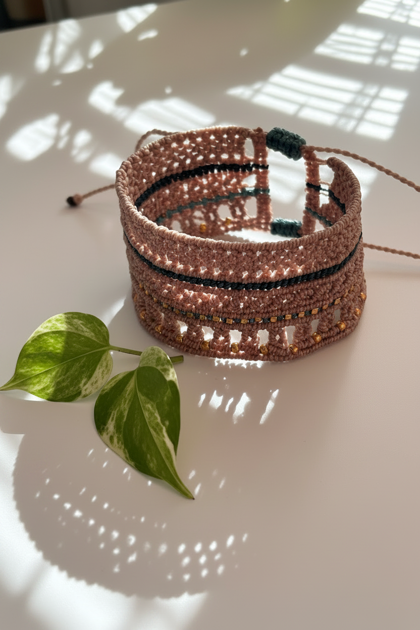 A handmade beaded macrame bracelet in a warm taupe-brown color with dark teal accents, displayed on a white surface with natural window light shadows and a green plant leaf in the foreground.