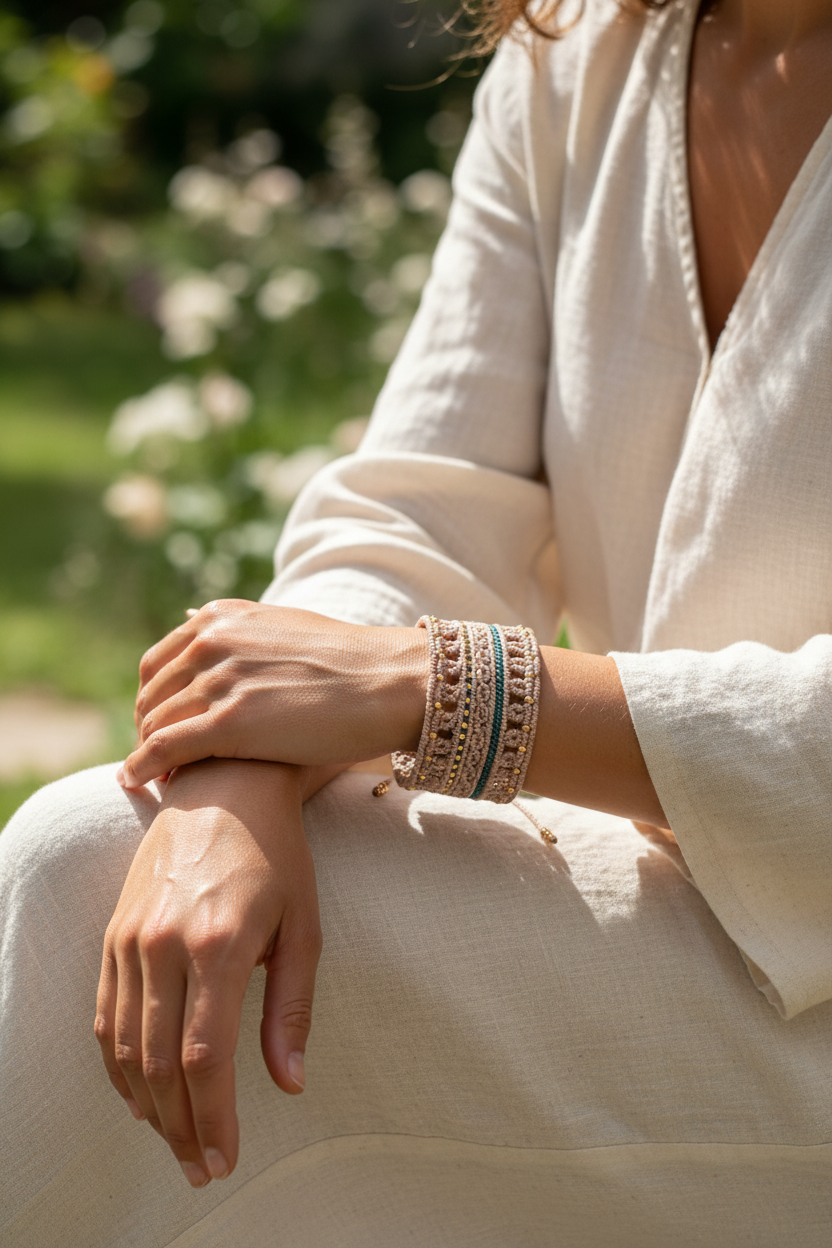 A close-up of a person wearing a bohemian-style macrame cuff bracelets on their wrist, dressed in a cream linen outfit, set against a soft-focus garden background.