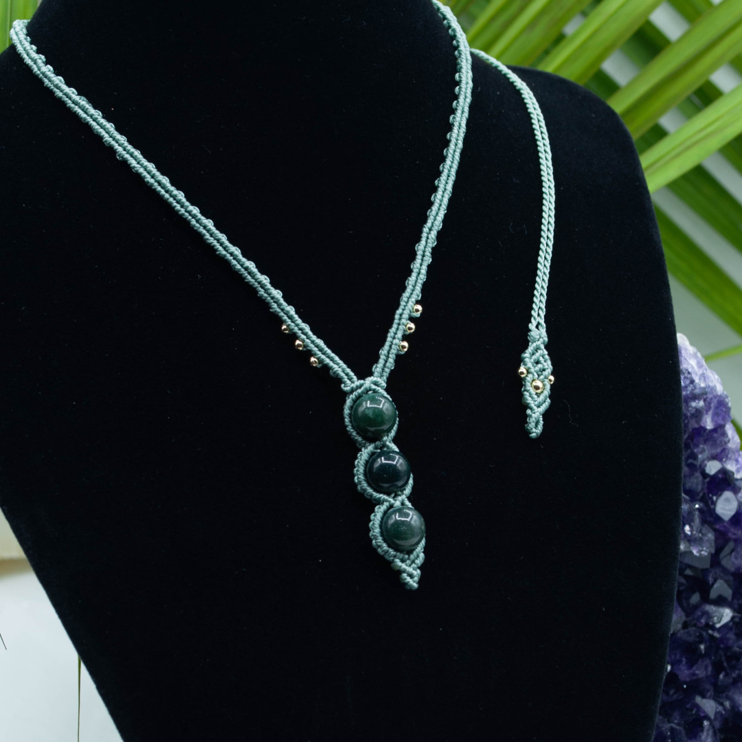 Macrame Triple Stone Necklace - Green Moss Agate