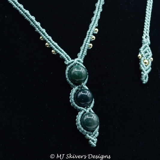 Macrame Triple Stone Necklace - Green Moss Agate