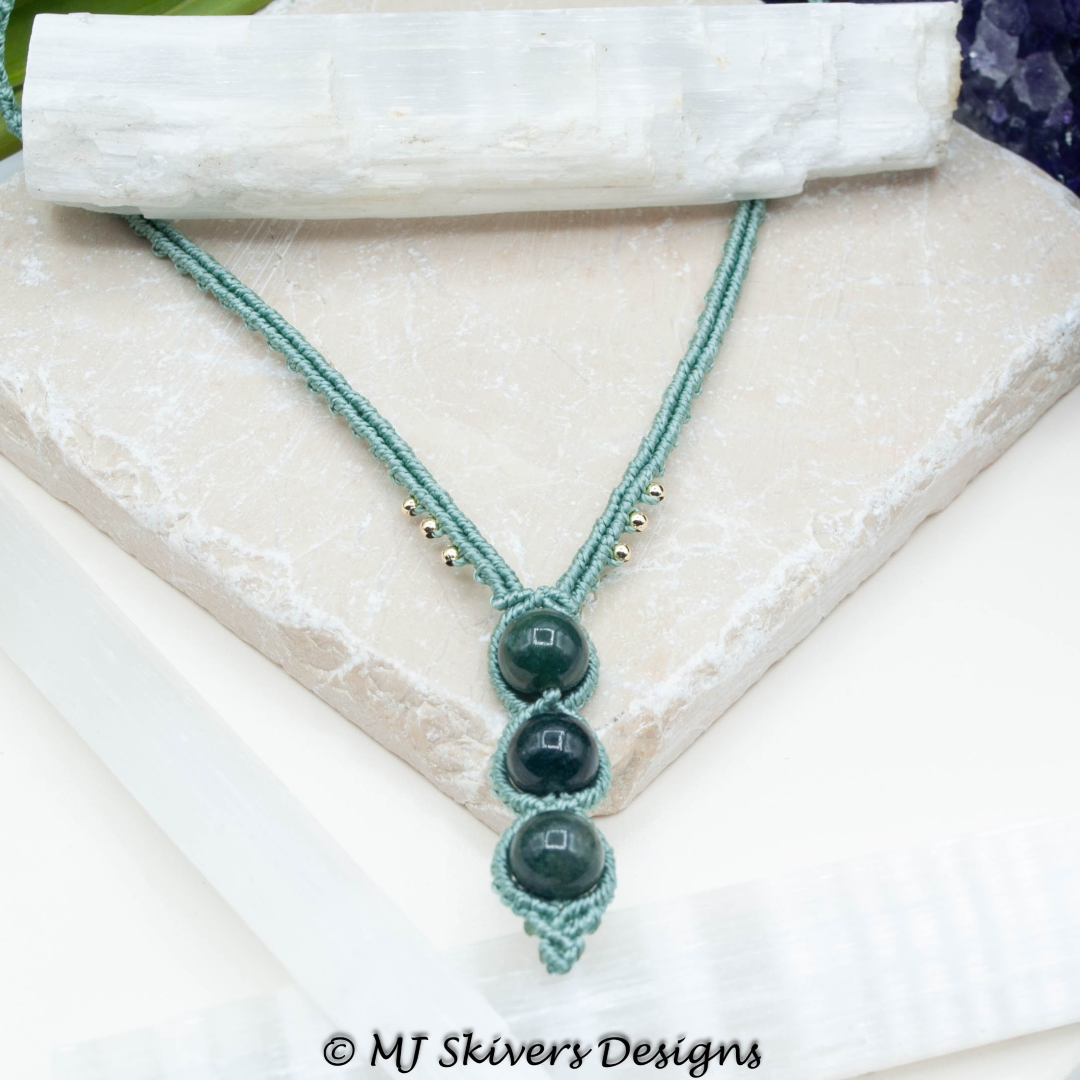 Macrame Triple Stone Necklace - Green Moss Agate