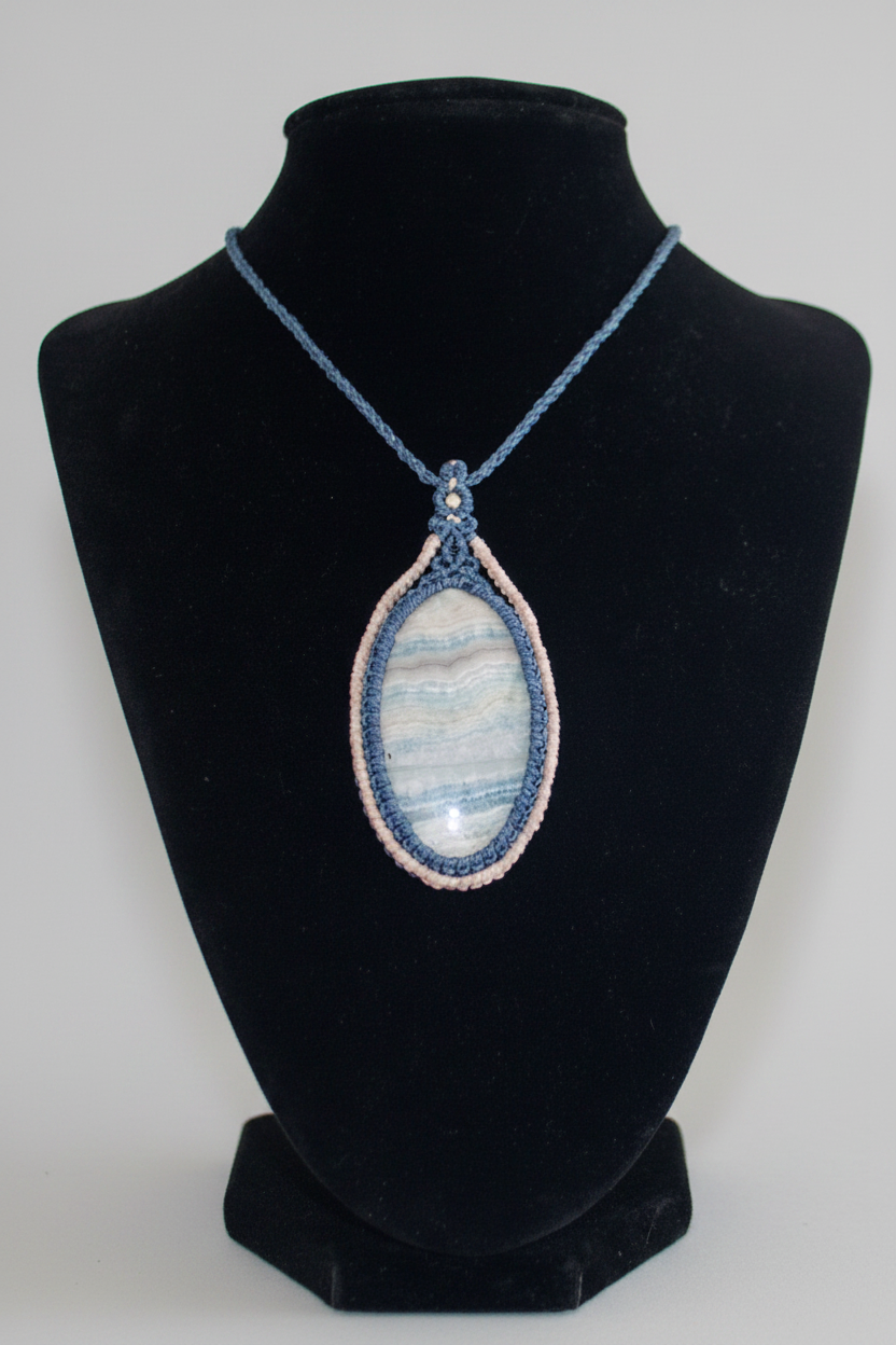 A handmade oval pendant necklace with a blue and white marbled stone in a blue and ivory knotted nylon border, displayed on a black velvet jewelry bust against a light gray background.