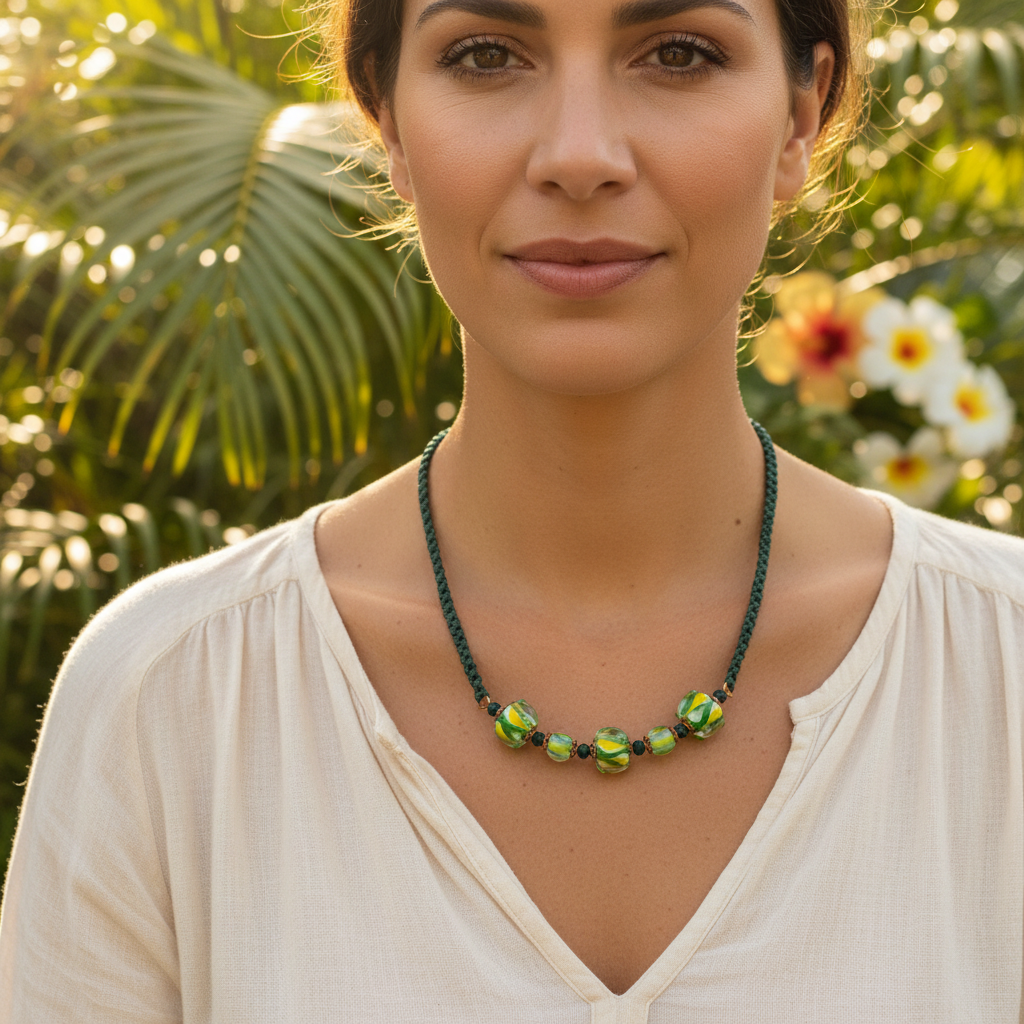 A woman wearing a dark green beaded necklace with green and yellow marbled beads, photographed outdoors with blurred tropical foliage in the background.