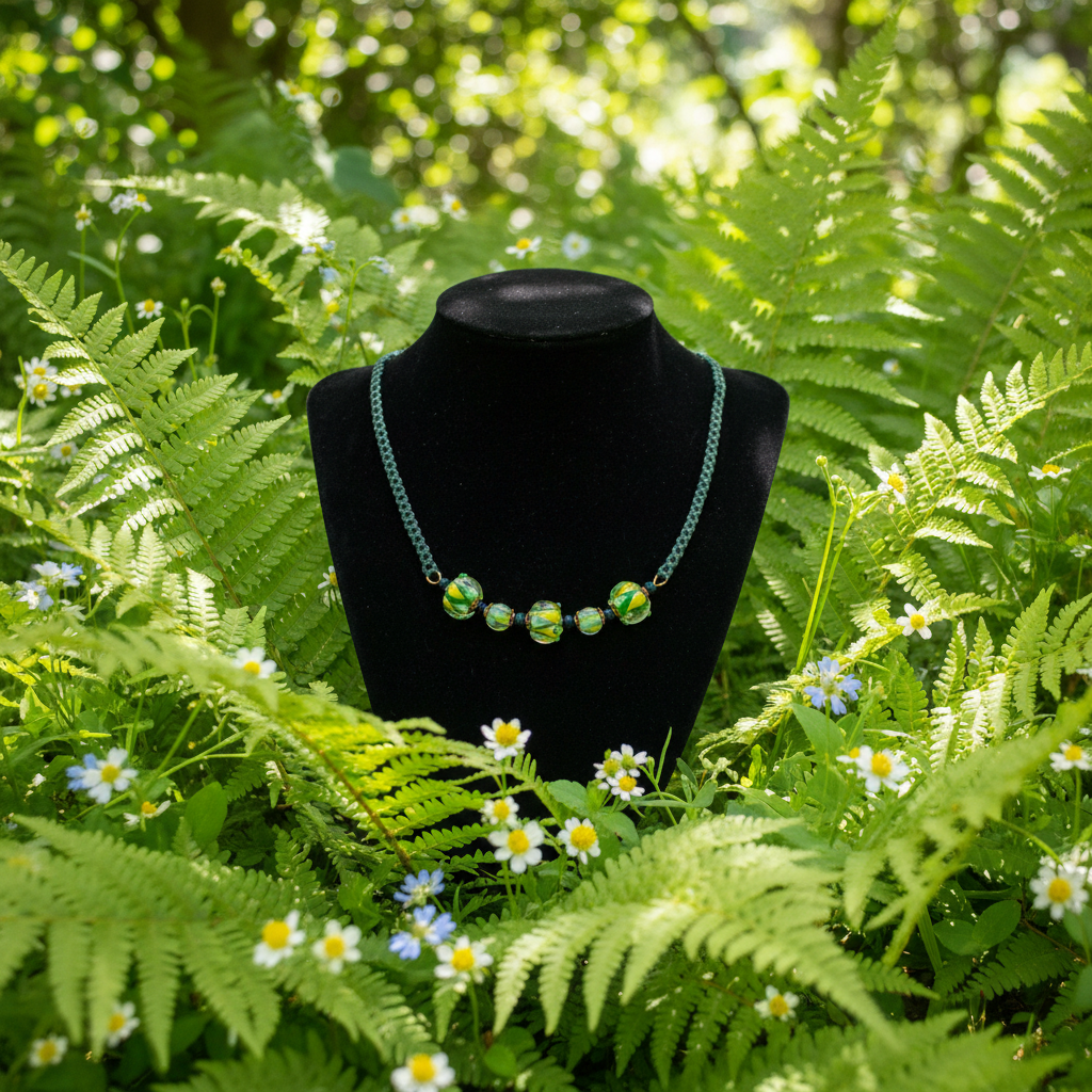 A green beaded necklace displayed on a black velvet mannequin bust, surrounded by lush green ferns and small white and blue wildflowers.