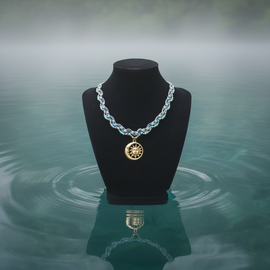 A macrame necklace with a gold sun pendant displayed on a black mannequin bust set in misty water.