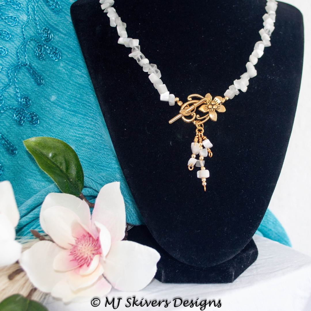 Cats Eye Chunk Toggle Necklace - White & Brass