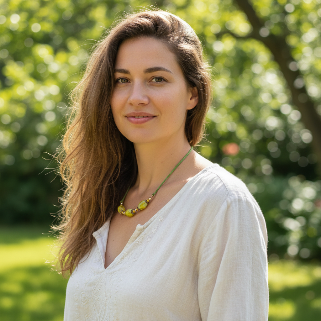 Woman with long brown hair wearing a white blouse and a handcrafted green macrame cord necklace with chartreuse lampwork glass beads, photographed outdoors against a blurred green garden background.