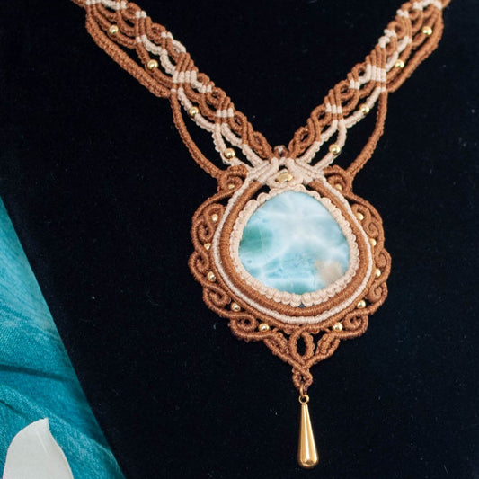 Light Brown and Tan Macrame Beaded Necklace with Larimar