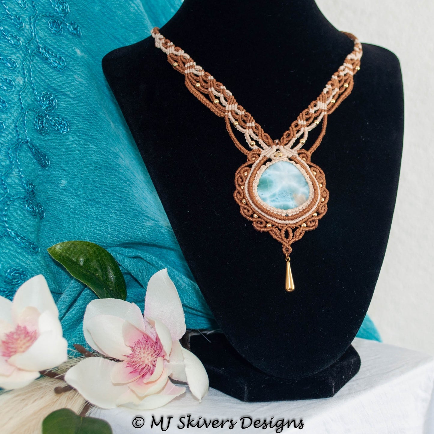 Light Brown and Tan Macrame Beaded Necklace with Larimar