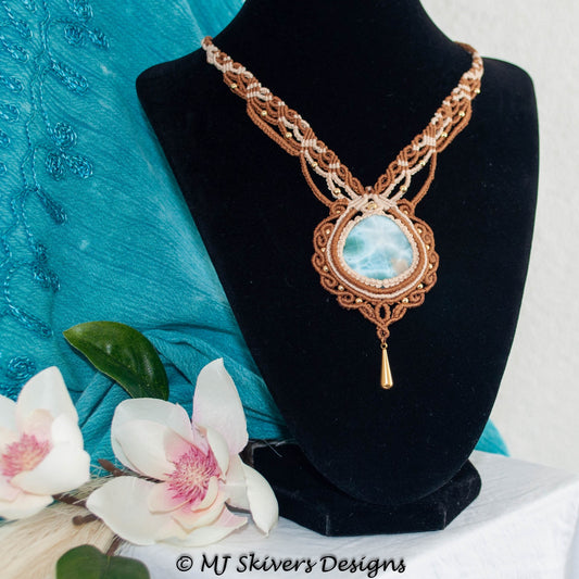 Light Brown and Tan Macrame Beaded Necklace with Larimar
